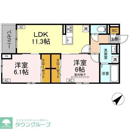 D-ROOM宮千代1丁目PJ A棟(2LDK/2階)の間取り写真
