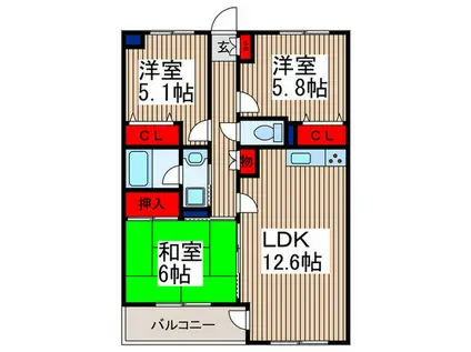 クイーンズ・ヴィラ武蔵浦和(3LDK/5階)の間取り写真