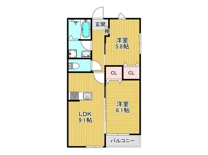 LEAF津福駅南(2LDK/2階)の間取り写真