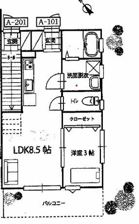 ロイヤルヴィラ向洋 A棟(1LDK/1階)の間取り写真