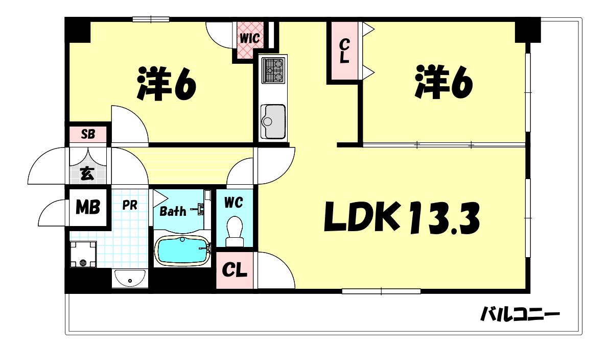レジディア神戸三宮プレイス(2LDK/8階)の間取り写真
