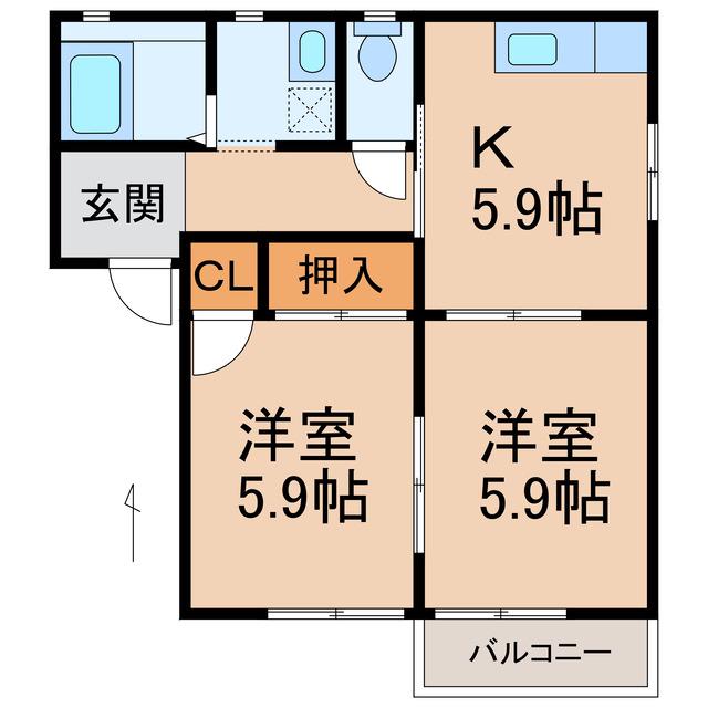 ＪＲ和歌山線 船戸駅 徒歩62分 2階建 築29年(2K/2階)の間取り写真