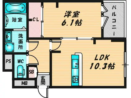 ヴァレンティア若江本町(1LDK/1階)の間取り写真