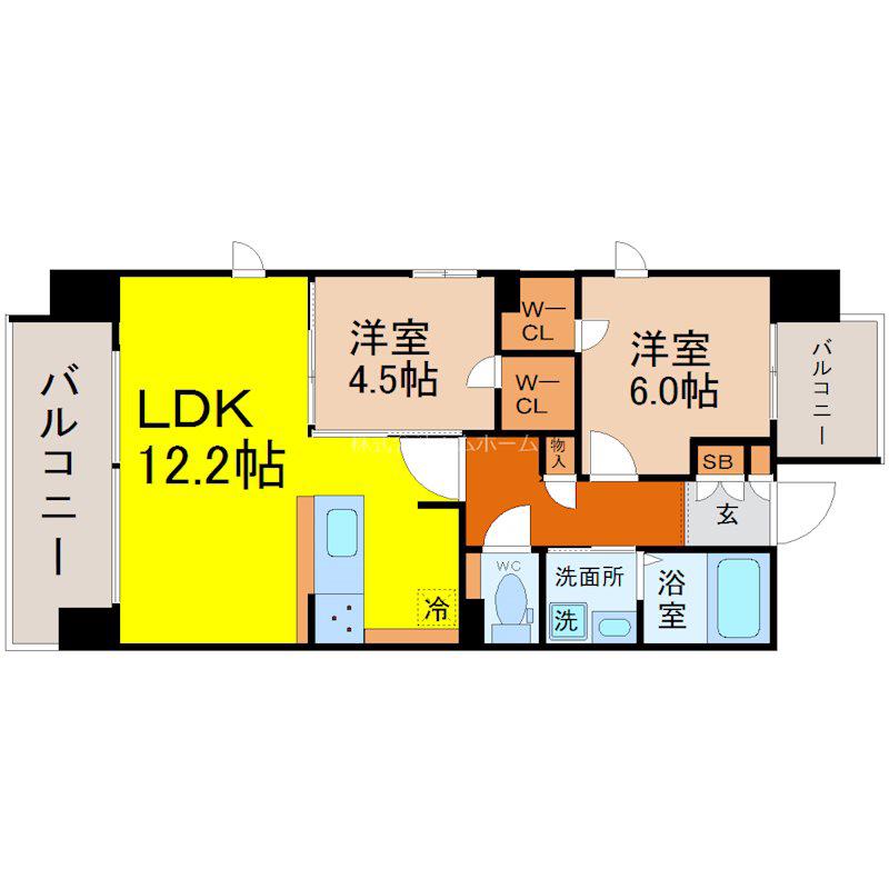 S-RESIDENCE茶屋ヶ坂イースト(2LDK/11階)の間取り写真