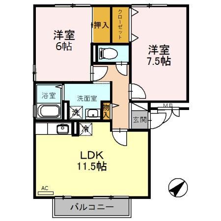 メルベーユ吉兆B棟(2LDK/2階)の間取り写真