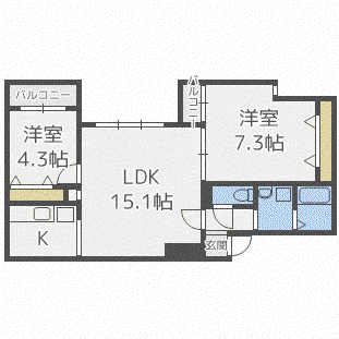 サンライン山鼻(2LDK/1階)の間取り写真