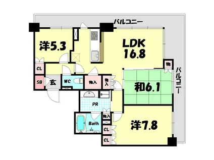 プラウドタワー神戸県庁前(3LDK/24階)の間取り写真