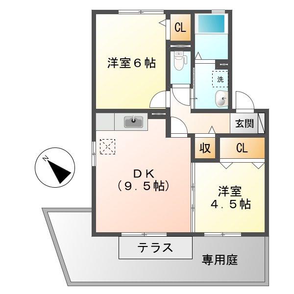 スカイレジデンス(2DK/1階)の間取り写真