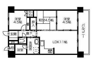 花房国分寺マンション(3LDK/4階)の間取り写真