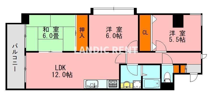 グランディ野間(3LDK/9階)の間取り写真