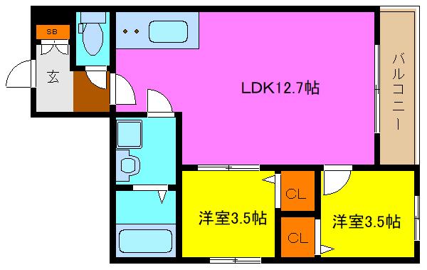 TIO瓢箪山(2LDK/1階)の間取り写真