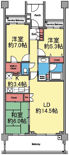 コートヒルズ横濱山手サウスヒル(3LDK/2階)の間取り写真