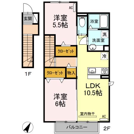 フローラB棟(2LDK/2階)の間取り写真
