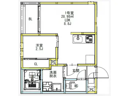 熊本市中央区九品寺3丁目(1LDK/3階)の間取り写真