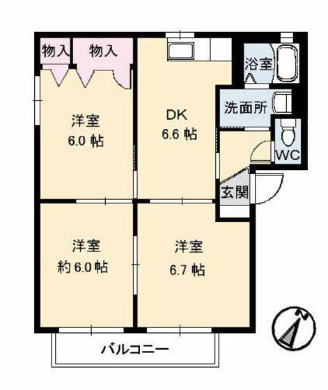 ガーデンクレスA棟(3DK/1階)の間取り写真