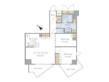 ブリリアイスト千駄ヶ谷(2LDK/9階)の間取り写真