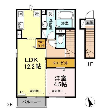 カーサクイントE(1LDK/2階)の間取り写真