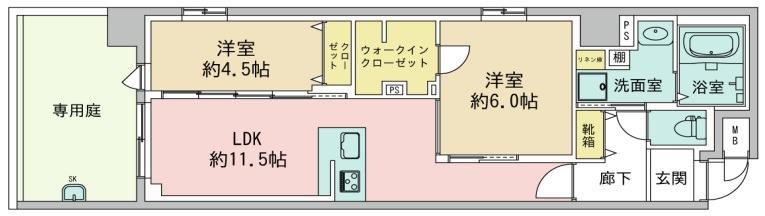 デュオフラッツ四条油小路(2LDK/1階)の間取り写真