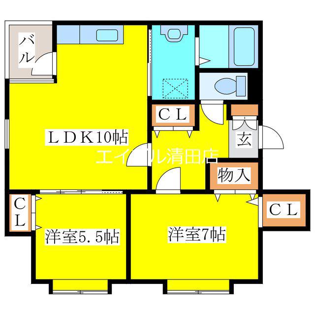 グランドヒル清田(2LDK/3階)の間取り写真