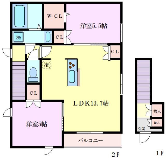 ヘーベルメゾン子母口(2LDK/2階)の間取り写真