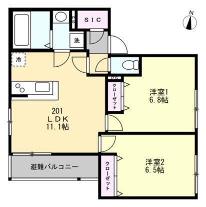 コスモリーヴ茅ヶ崎(2LDK/2階)の間取り写真