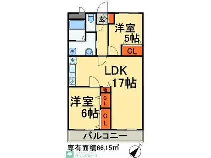 サンライズヒル朝日ヶ丘B棟(2LDK/2階)の間取り写真