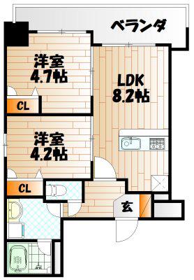 コンタクトレジデンスKONYA(2LDK/9階)の間取り写真