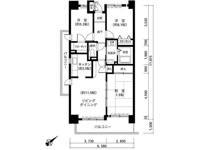井吹西シティコート C1タイプ(3LDK/5階)の間取り写真