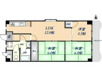 瓢箪山第2大発マンション(3LDK/4階)の間取り写真