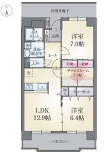 カルフール・パレ(2SLDK/6階)の間取り写真