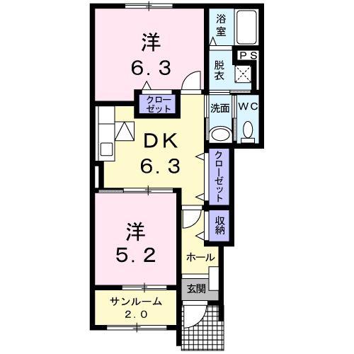 メゾン・ド・ソレイユIII(2DK/1階)の間取り写真