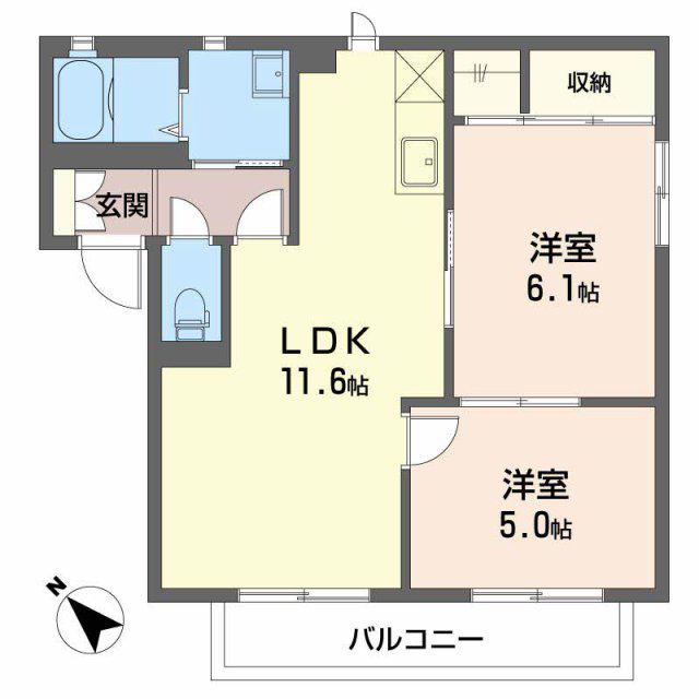 GREEN HILLS西尾 F(2LDK/2階)の間取り写真
