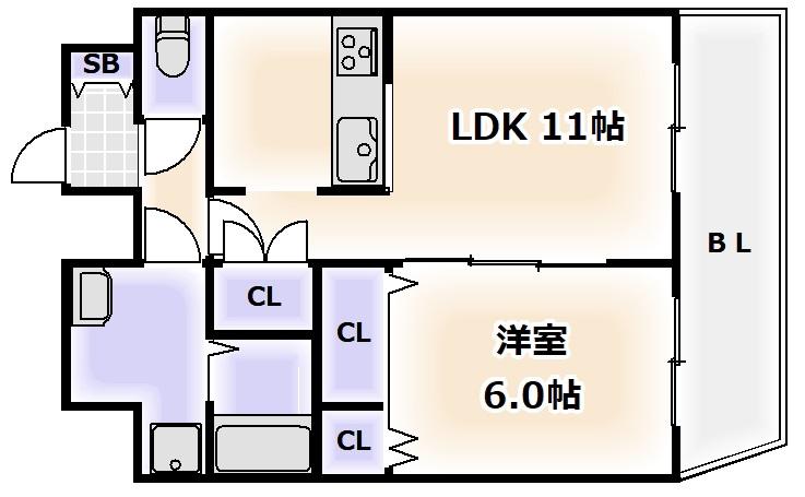 スワンズシティ難波南(1LDK/4階)の間取り写真