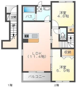 フリューゲル(2LDK/2階)の間取り写真