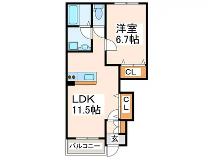 ヴァンベール小楠(1LDK/1階)の間取り写真