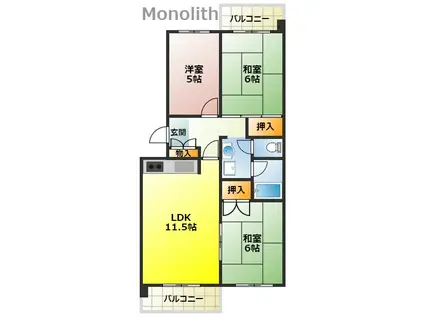 泉北鴨谷台3丁6号棟(3LDK/3階)の間取り写真