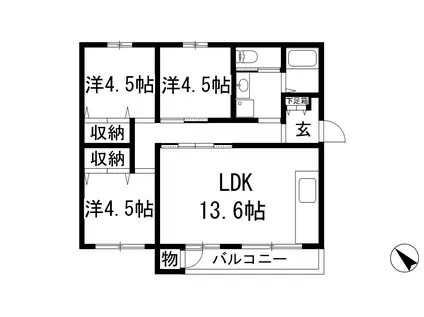 逆瀬川ハイツ3号棟(3LDK/2階)の間取り写真