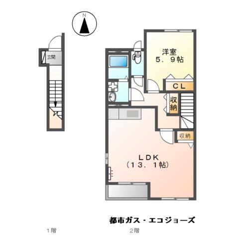 エバーハイツ(1LDK/2階)の間取り写真