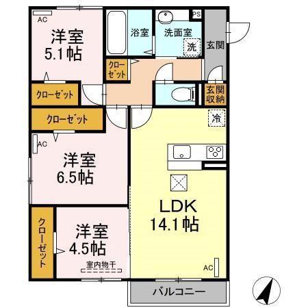 ハピネス古賀島 A(3LDK/1階)の間取り写真