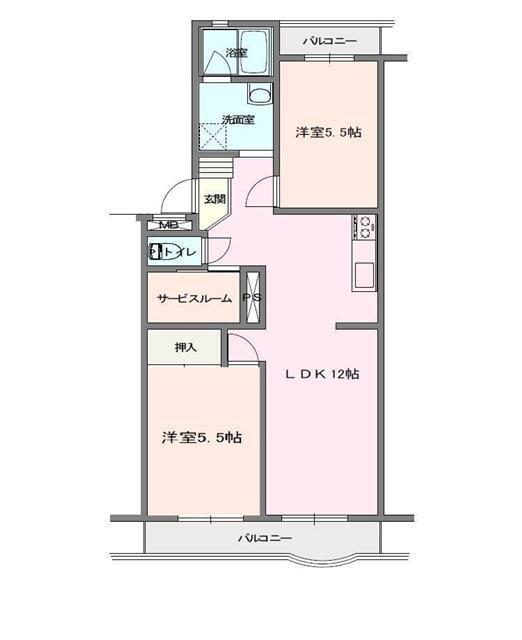 グランドゥール(2LDK/2階)の間取り写真