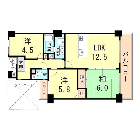 パームスクエアージェームス山(3LDK/13階)の間取り写真