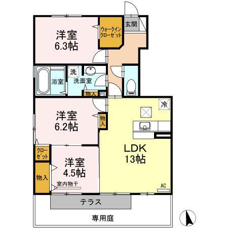 フォンターナ伏石II(3LDK/1階)の間取り写真