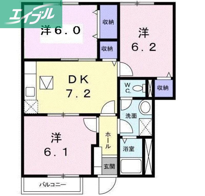 岡山電軌清輝橋線 清輝橋駅 徒歩33分 2階建 築27年(3DK/1階)の間取り写真