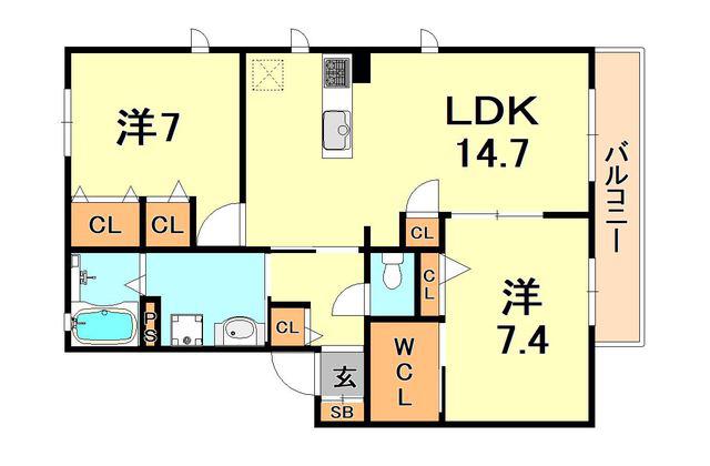 エクレール深江北(2LDK/2階)の間取り写真