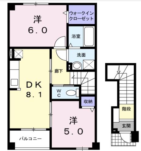 フィオーレ1/横手市条里(2DK/2階)の間取り写真