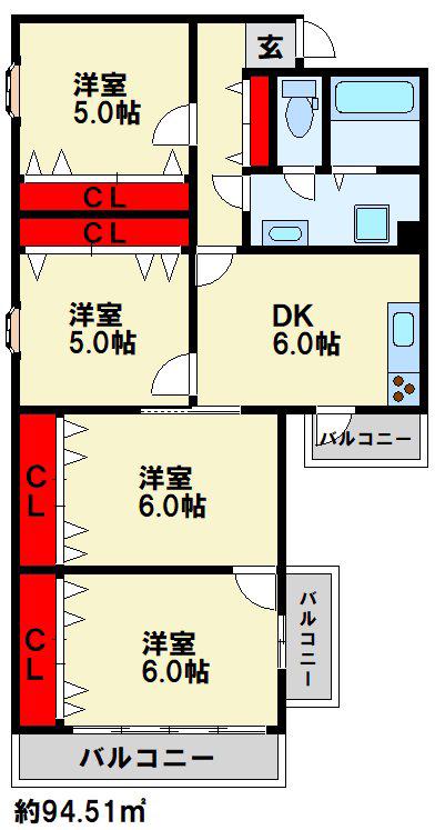 ビュークレスト霧ケ丘(4DK/3階)の間取り写真