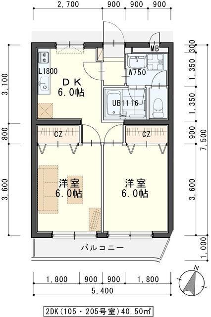 メゾンドシャルマン岩切(2DK/2階)の間取り写真