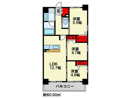 コンダクトレジデンスHIBIKINO(3LDK/3階)の間取り写真