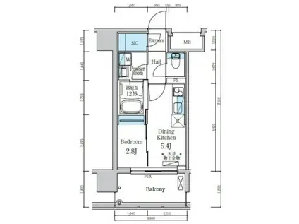 デュオフラッツ仙台木町通リネア(1DK/8階)の間取り写真