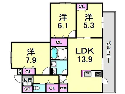 リアライズ箕岡(3LDK/1階)の間取り写真